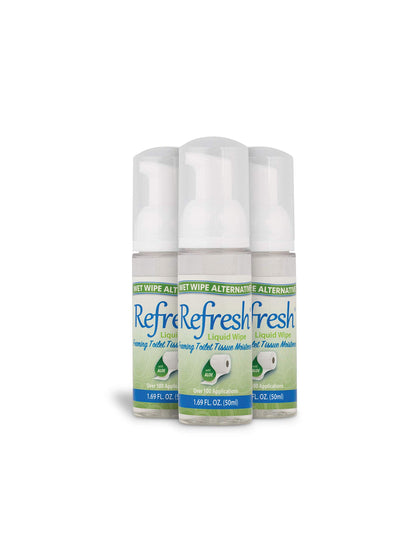 Refresh Liquid Wipe: Toilet Paper Foam. Eco-Friendly Flushable Wet Wipe Alternative. Cleanses and Soothes with Witch Hazel and Aloe. Plumbing and Septic Safe. 50ml (1.69 Fl Oz) - 3 Pack.