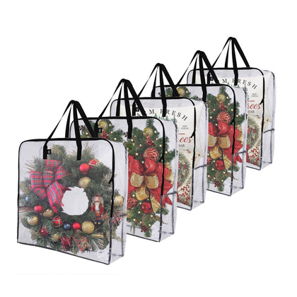 VENO 5 Pack Valentines Day Decorations and Wreath Storage Bag, Garland Container, Moving and Packing Supplies for College. Alternative to Moving Boxes, Valentine Decor Organizer Tote (Clear, 5 Pack)