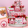 Finphoon Valentines Day Tiered Tray Decorations Set, 15 PCS Pink Truck Heart Love Wooden Tabletop Signs with Wooden Beads for Valentine's Day Home Kitchen Decor