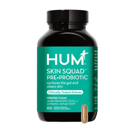 HUM Skin Squad - Probiotic Supplement for Clear Skin & Gut Health - Microbiome Probiotics for Problem Skin & Breakouts (60 Vegan Capsules, 30 Day Supply)