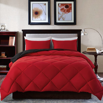 Decroom Lightweight Full Comforter Set with 2 Pillow Sham - 3 Pieces Set - Quilted Down Alternative Comforter/Duvet Insert for All Season - Red/Black - Full Size