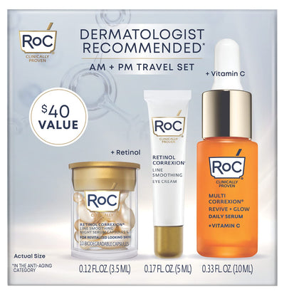 RoC AM + PM Travel Gift Set with Line Smoothing Retinol Eye Cream .25 oz, Retinol Capsules 10ct, and 10% Active Blend Vitamin C Serum