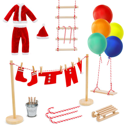 BEIREG Elf Clothes and Accessories - 42pcs Christmas Elf Clothes Accessories Set Include Clothes Balloons Ladder Swing and Mini Props Christmas DIY Craft Gift for Kids