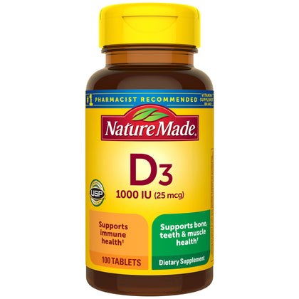 Nature Made Vitamin D3 1000 IU (25 mcg), Dietary Supplement for Bone, Teeth, Muscle and Immune Health Support, 100 Tablets, Pack of 3