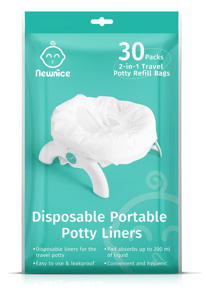 Newnice 30 Packs Potty Liners Disposable with 200ML Absorbent Pads, Travel Potty Refill Bags Compatible with OXO Tot, Portable Potty Chair Liners, Universal Training Toilet Seat Bags for Kids Toddlers