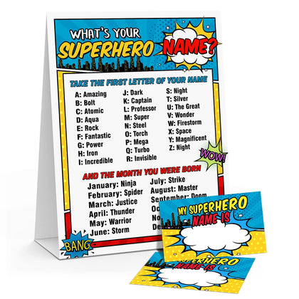 What's Your Superhero Name - Birthday Party Game - 1 Game Sign and 30 Sticker Set - Birthday Party Holiday Activity Celebration Supplies for Kids and Teens - GAME-006