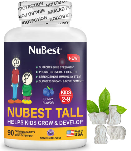 NuBest Tall Kids - Toddlers Vitamins and Kids Vitamins for Age 2 to 9 - Support Bone Strength, Overall Health and Immunity - Animal Shapes - 90 Chewable Berry Tablets | 1.5 Month Supply