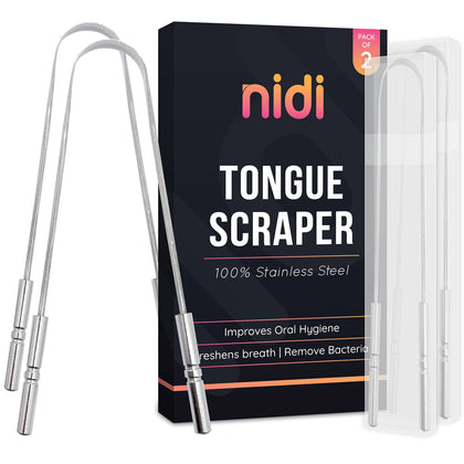 Nidi Tongue Scrapper - Premium Stainless Steel Tongue Cleaner for Your Tongue - Oral Care Tongue Tool for Bad Breath - Easy To Carry - Ideal for Travels, Meetings, Work, or Home Use