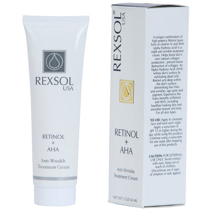 REXSOL Retinol + AHA Anti-wrinkle Treatment Cream | With pure Vitamin A and Vitamin E | Beeswax | Effectively diminishing fine lines & wrinkles, age spots & pigment.(60 ml / 2 fl oz)