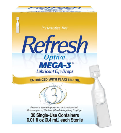 Refresh Optive Mega-3 Lubricant Eye Drops, Preservative-Free, 0.01 Fl Oz Single-Use Containers, 30 Count
