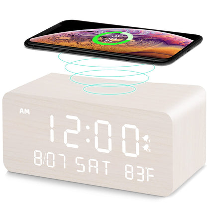 Andoolex Wooden Digital Alarm Clock with Wireless Charging, 0-100% Adjustable Brightness Dimmer and Volume, Weekday/Weekend Mode, Dual Alarm, Snooze, 12/24H, Wood LED Clock for Bedroom (White)
