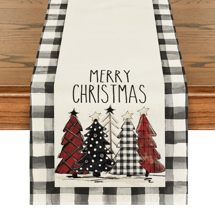 Artoid Mode Waterclor Buffalo Plaid Christmas Trees Merry Xmas Table Runner, Seasonal Winter Holiday Kitchen Dining Table Decoration for Indoor Outdoor Home Party Decor 13 x 72 Inch