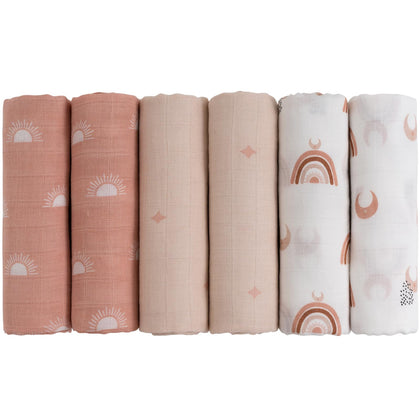 GLLQUEN BABY Receiving Blanket Boy Cotton Muslin Swaddle Blankets Girl Newborn Squares Breathable & Soft Thin Baby Blankets Cloths Double Absorbent Infant Swaddling Wrap - 6 Pack (Sun)