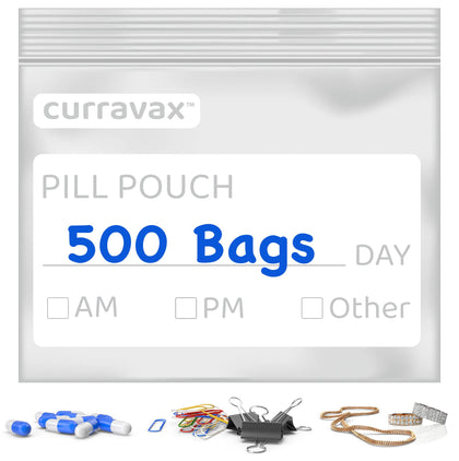 CURRAVAX Pill Bags Pack of 500 - BPA Free 3 x 2.75 inch Pill Pouch - Reusable Pill Pouches for Medicine with Write on Label -Clear Ziplock Pill Baggies for Travel Medicine Organizer