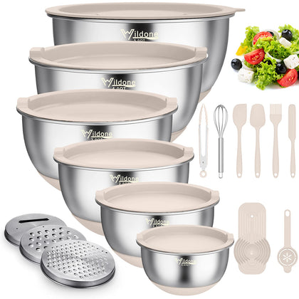 Wildone Mixing Bowls Set with Airtight Lids, 22 PCS Stainless Steel, 3 Grater Attachments, Measurement Marks & Non-Slip Bottom, Size 5, 4, 3, 2,1.5, 0.63QT, Ideal for Mixing & Prepping