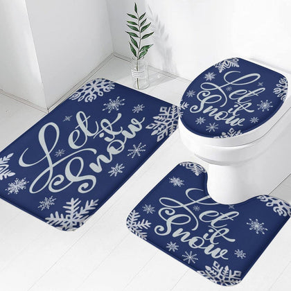 Easternproject 3 Piece Let it Snow Bath Mat Set Christmas Snowflake Blue and White Bathroom Rug Sets for Winter Decorations Non Slip Water Absorbent U-Shaped Contour Toilet Mat, Toilet Lid Cover