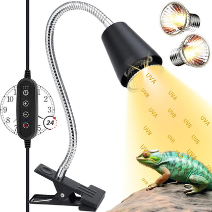 Reptile Heat Lamp,ZJNBMTFY UVA/UVB Reptile Light with Cycle Timer,Turtle Heat Light, Reptile Basking Light with Clamp, Heat Lamp for Reptiles Lizard, Turtle, Snake, Chameleon, Hermit Crab,2 Heat Bulbs