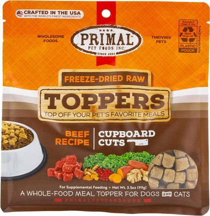 Primal Cupboard Cuts Freeze Dried Raw Cat Food & Dog Food Topper, Grain Free Meal Mixer for Dogs & Cat (Beef, 3.5 oz)