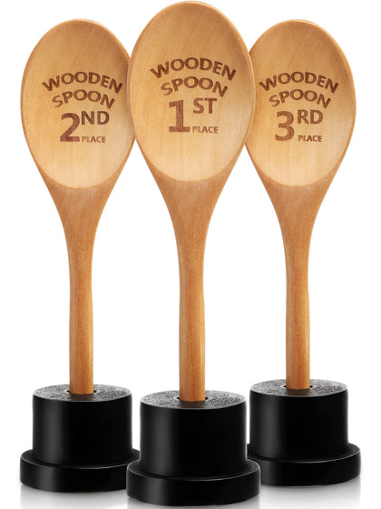 3 Pieces Golden Spoon Award Trophies Set Chili Cook Off Wood Spoon Prizes Wooden Laser Engraved Wooden Spoon with Wooden Trophy Base Cooking Baking Gifts for Bake Off Chili (8.66'')