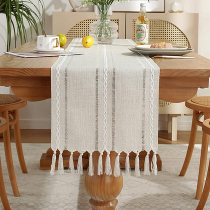 Laolitou Rustic Table Runner with Tassels, Cotton Linen Farmhouse Table Decoration for Holiday Party, Wedding and Dining, 72 Inches, Ivory