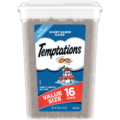 TEMPTATIONS Classic Crunchy and Soft Cat Treats Savory Salmon Flavor, 16 oz. Tub