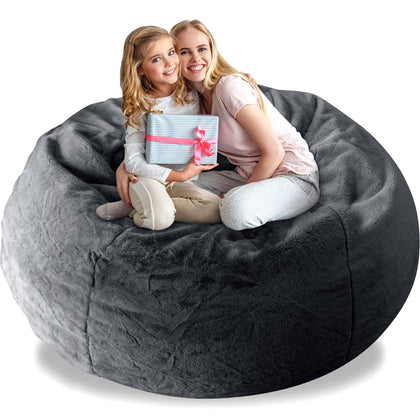 5ft Giant Fur Bean Bag Chair for Adult Living Room Furniture Big Round Soft Fluffy Faux Fur BeanBag Lazy Sofa Bed Cover Giant (it was only a Cover, not a Full Bean Bag), Dark Grey