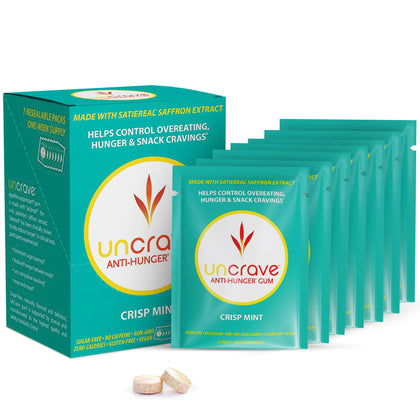 UNCRAVE Gum with Satiereal Saffron Extract - Control Compulsive Snacking, Overeating and Cravings for Healthy Weight Management - Improve Mood - Crisp Mint, Box of 7 Packs