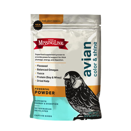 The Missing Link Avian Color & Shine Superfood Supplement Powder for Captive Birds - Flaxseed, Yucca, Kelp, Phytonutrients & Protein - Supports Energy, Plumage, Digestive & Immune Health - 3.5oz