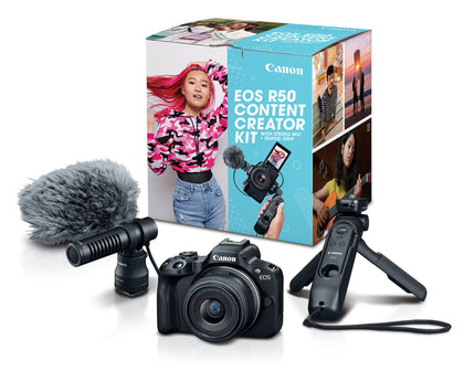 Canon EOS R50 Content Creator Kit, Mirrorless Vlogging Camera, 24.2 MP, 4K Video, DIGIC X Image Processor, RF-S18-45mm F4.5-6.3 IS STM Lens, Stereo Microphone, Tripod Grip, Wireless Remote Control