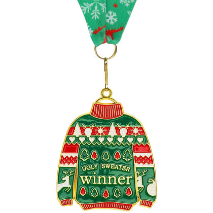 Abaokai Christmas Ugly Sweater Medal Christmas Style Neck Ribbon, Award Contest Medals Christmas Tree Ornament for Ugly Sweater Contest Party, Best Ugly Christmas Sweater Trophy Award