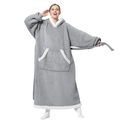 Bedsure Wearable Blanket Hoodie - Long Sherpa Fleece Hooded Blanket for Adult Women Men, Warm Cozy Blanket Sweatshirt with Giant Pocket and Belt for Girlfriend Mom, Standard, Grey