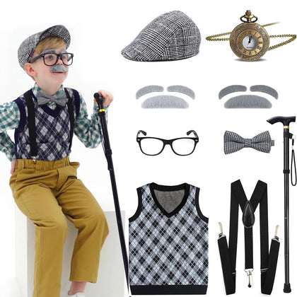 Aimeiar Kids 100 Days of School Costume for Boys,Toddler old man costume for Kid, Grandpa Vest Set for Child,Kid Cane Old Man Glasses for Kids with Moustache