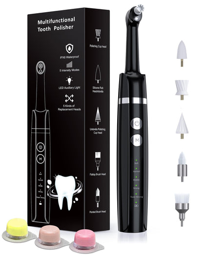Tooth Polisher, Rechargeable Tooth Whitening Kit for Teeth Cleaning and Whitening, with 3 Tooth Polish Paste and 5 Brush Heads, LED Light, Easy to Use at-Home Personal Dental Care Kit