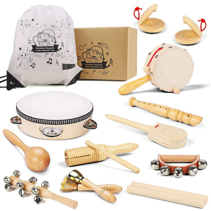 Chriffer Kids Musical Instruments Toys, Percussion Instruments Set with Storage Bag, Preschool Educational Music Toys for Boys Girls, Natural Eco-Friendly Wooden Music Set (11pcs)