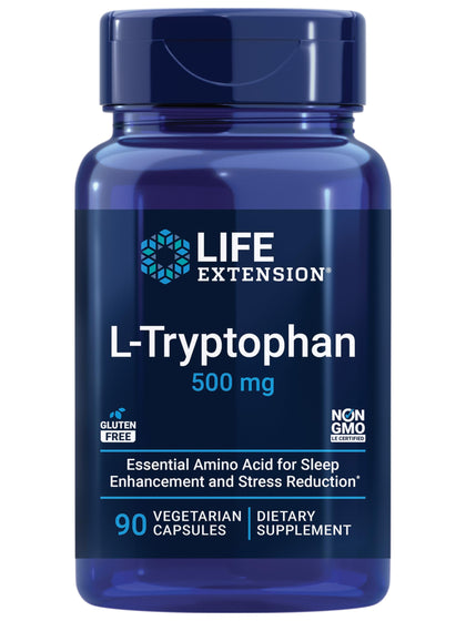Life Extension L-Tryptophan 500 mg - L-Tryptophan Supplement for Healthy Sleep and Stress Response Support - Gluten-Free, Non-GMO, Vegetarian - 90 Capsules