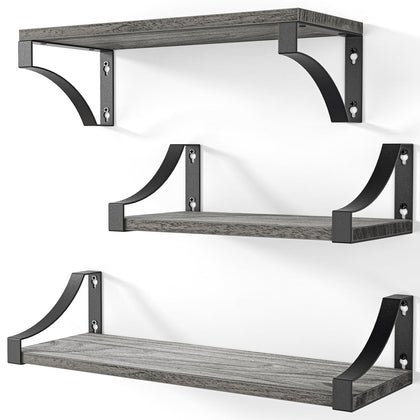 AMADA HOMEFURNISHING Wall Shelves Set of 3, Floating Shelves for Bedroom Decor, Hold up to 55lbs, Rustic Wood Wall Shelves for Bedroom, Bathroom, Living Room, Kitchen, Storage & Decoration, Gray