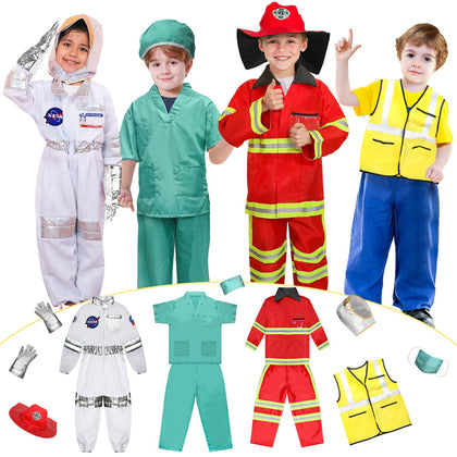 LOYO Kids Role Play Dress Up Clothes for 3-8 Years Old Play, 4 Sets Astronaut/fireman/Doctor/Construction Costume for Kids Boys Halloween Costumes