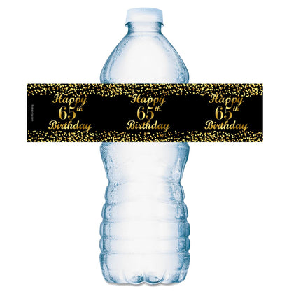 65th Birthday Black Water Bottle Labels; Set of 25 Waterproof Water Bottle Wrappers; Gold and Black Stickers. Happy Birthday Labels. Made in USA.