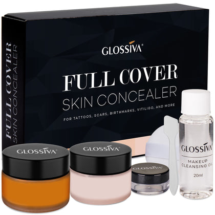 Glossiva Tattoo Cover Up Makeup Waterproof Concealer For Dark Spots, Scars, Vitiligo, And More - 2x30ml - Use on Body, For Legs, for Men and Women (2x30ml)