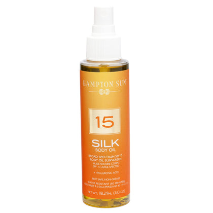 Hampton Sun Hampton Sun SPF 15 Silk Body Oil, 4.0 oz. - Hyaluronic Acid Infused Dry Oil, Firms + Hydrates Skin, Promotes Elasticity + Suppleness, Luxury Sun Tanning Oil
