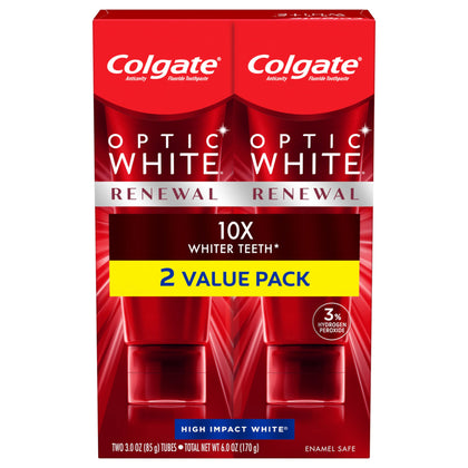 Colgate Optic White Renewal Teeth Whitening Toothpaste with Fluoride, 3% Hydrogen Peroxide, High Impact White, Mint - 3 Ounce (2 Pack)