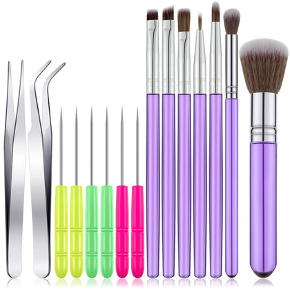 15 Pieces Cake Decorating Tool Set Include Cookie Decoration Brushes Cookie Scriber Needles Sugar Stir Needles Elbow and Straight Tweezers for Cookie Cake Fondant Decoration Supplies(Purple)