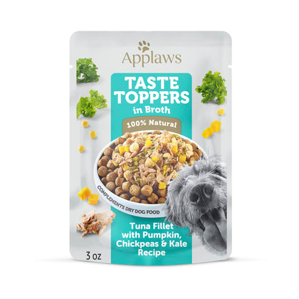 Applaws Taste Toppers, Natural Dog Food Topper, 6 Count, Limited Ingredient Meal Topper for Dogs, Tuna Fillet with Pumpkin, Kale & Chickpeas in Broth, 3oz Pouches