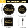 Wiooffen 24 Guests Happy Retirement Party Supplies, Black Gold Retirement Plates Napkins Tablecloth Forks Set for Farewell Party, Disposable Tableware Farewell Party Decorations Favors