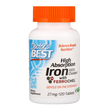Doctor's Best High Absorption Iron Tablet with Ferrochel, Gentle on The Stomach, Immune Health, Blood Health, 27 mg