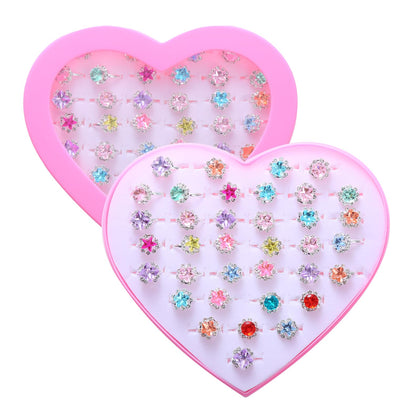 PASEMM 36pcs Little Girl Rhinestone Gem Rings,Adjustable,Random Color Style Diamond Kids Play Rings in Box,Pretend Play and Dress Up Rings for 4-12 Year Old Girl Birthday Gifts, 3 4 5 6 7 8 9 10 11 12