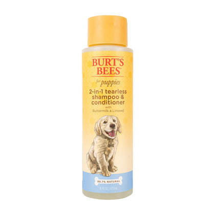 Burt's Bees for Pets Puppies Natural Tearless 2 in 1 Shampoo and Conditioner | Made with Buttermilk and Linseed Oil | Best Tearless Puppy Shampoo for Gentle Skin and Coat | Made in USA, 16 Oz