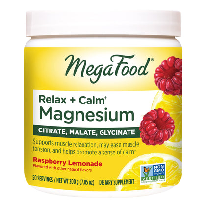 MegaFood Relax + Calm Magnesium Powder - Highly Absorbable Magnesium Glycinate, Magnesium Citrate & Magnesium Malate - Without 9 Food Allergens - Raspberry Lemonade Flavor - 7.05 Oz (50 Servings)