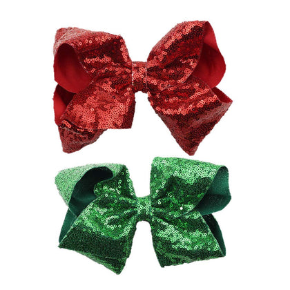 MSSD Party Hair Bows Clips 2pcs Large Bling Sparkly Glitter Sequins Alligator Nylon Mesh Ribbon Bowknot Hairpins for Baby Girls Kids Children Christmas Red Green