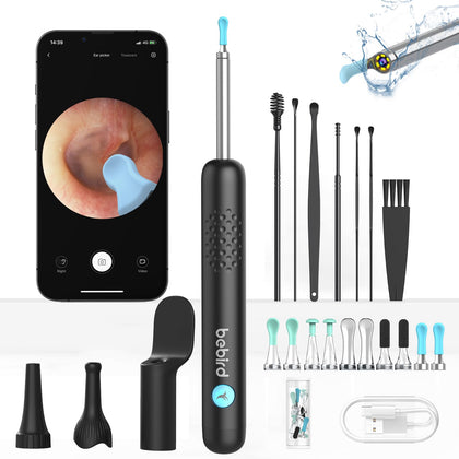 BEBIRD R1 Ear Wax Removal Tool - Spade Ear Cleaner with Ear Camera, 1080P Ear Scope, Earwax Remover Picker with 10 Replacement Tips Ear Pick with 6 LED Light for Earwax Cleaning, Support iPhone, Black